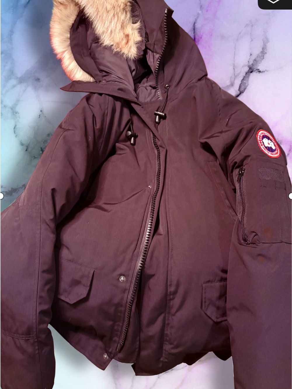 Canada Goose Men's Black Hooded Puffer Jacket with Fur Trim